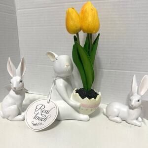 Real touch tullip artificial flowers w/ 3 bunnies 19” tall  Brand New table top
